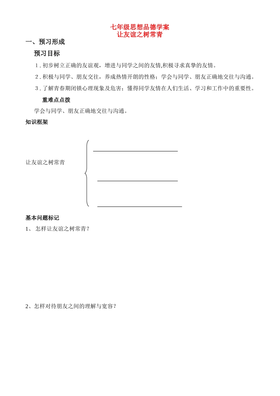 七年级政治上册第3单元 第五课 友情伴我同行 让友谊之树常青 学案鲁教版_第1页