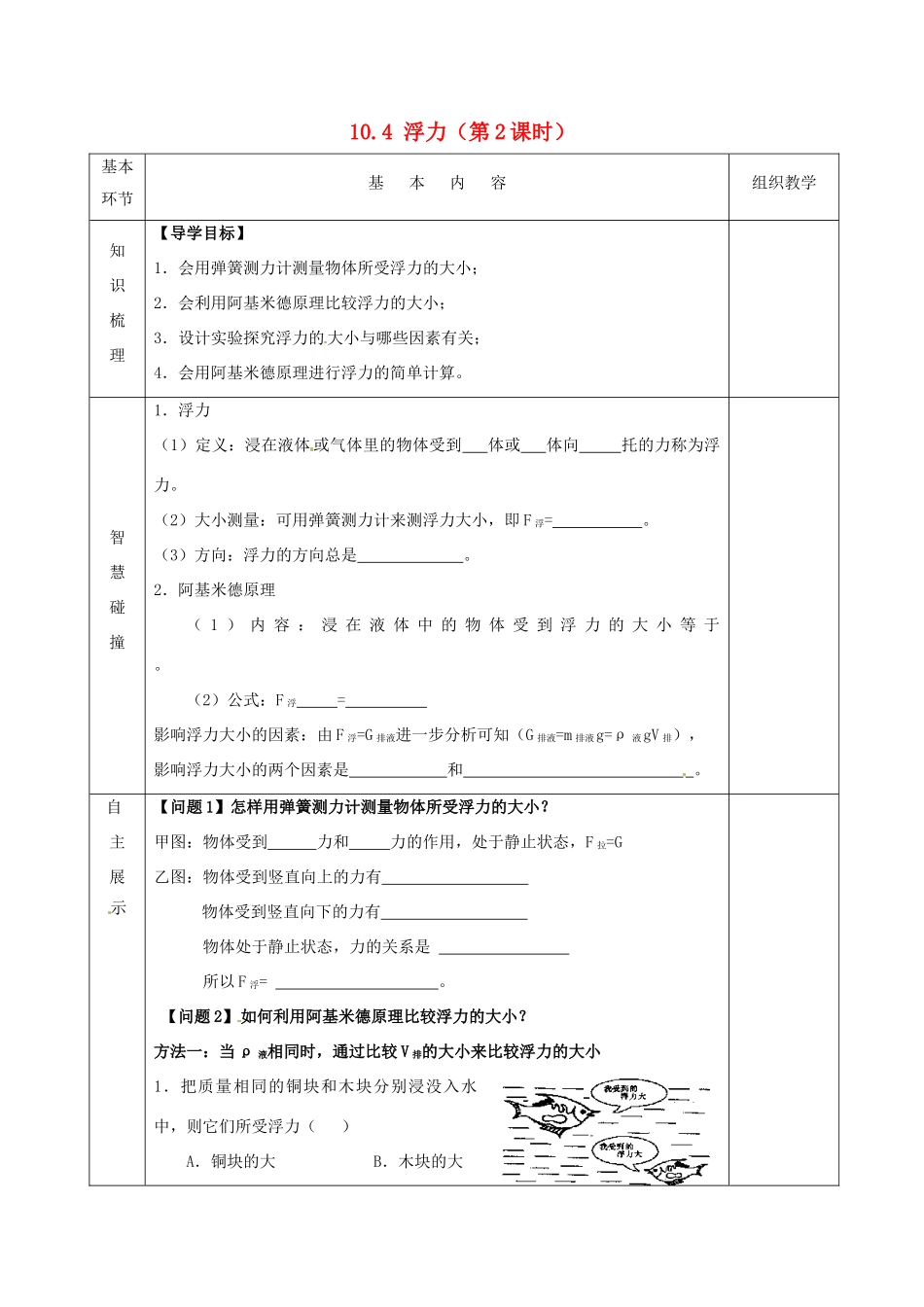 2015年春八年级物理下册 10.4 浮力（第2课时）导学案（无答案）（新版）苏科版_第1页