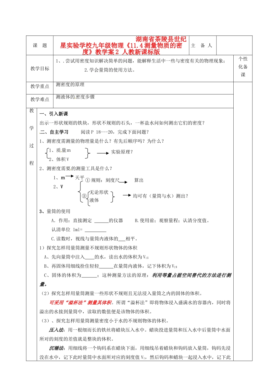 湖南省茶陵县世纪星实验学校九年级物理《11.4测量物质的密度》教学案2 人教新课标版_第1页