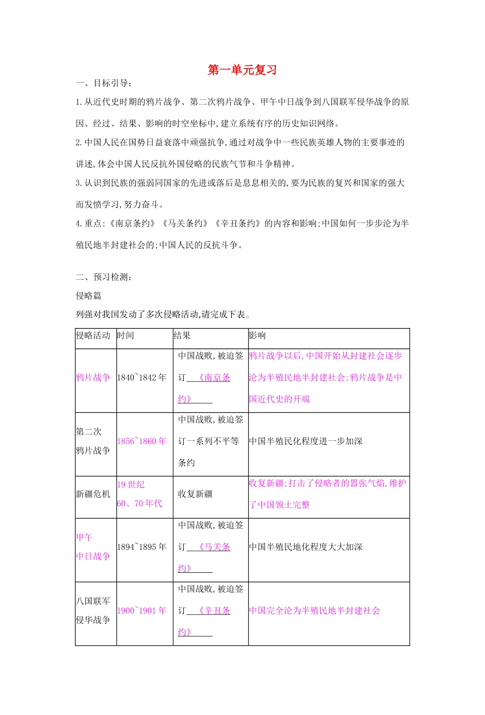 八年级历史上册 第一单元 复习导学案 中华书局版-中华书局版初中八年级上册历史学案_第1页