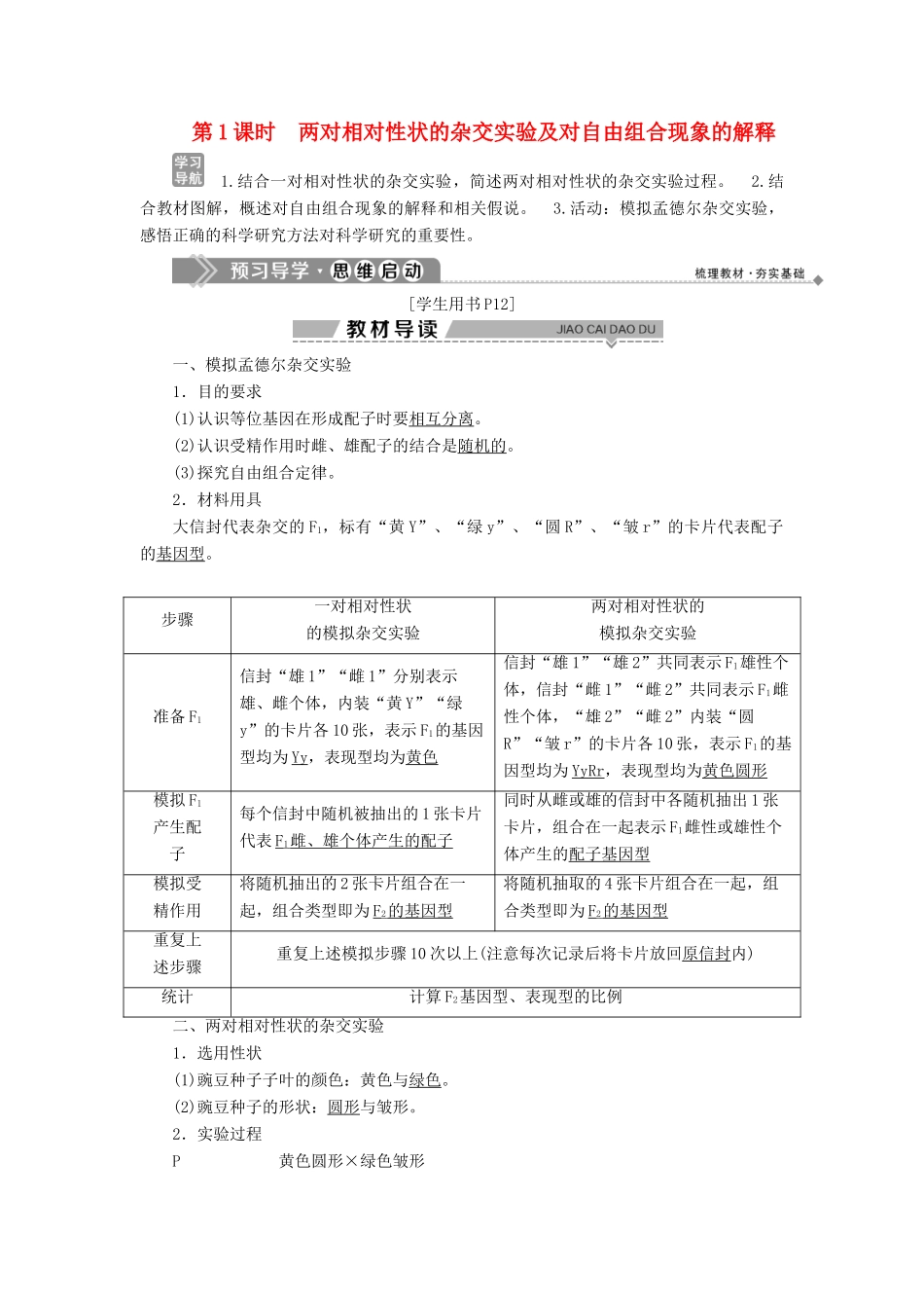 高中生物 第一章 孟德尔定律 第二节 自由组合定律 第1课时 两对相对性状的杂交实验及对自由组合现象的解释学案 浙科版必修2-浙科版高一必修2生物学案_第1页