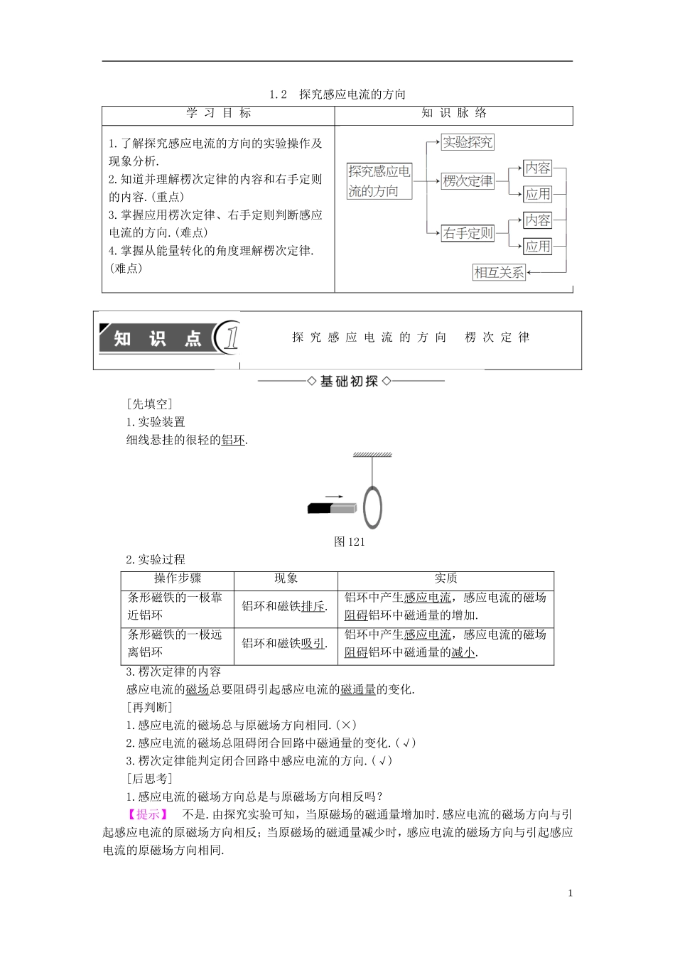 高中物理 第1章 电磁感应与现代生活 1.2 探究感应电流的方向教师用书 沪科版选修3-2-沪科版高二选修3-2物理学案_第1页