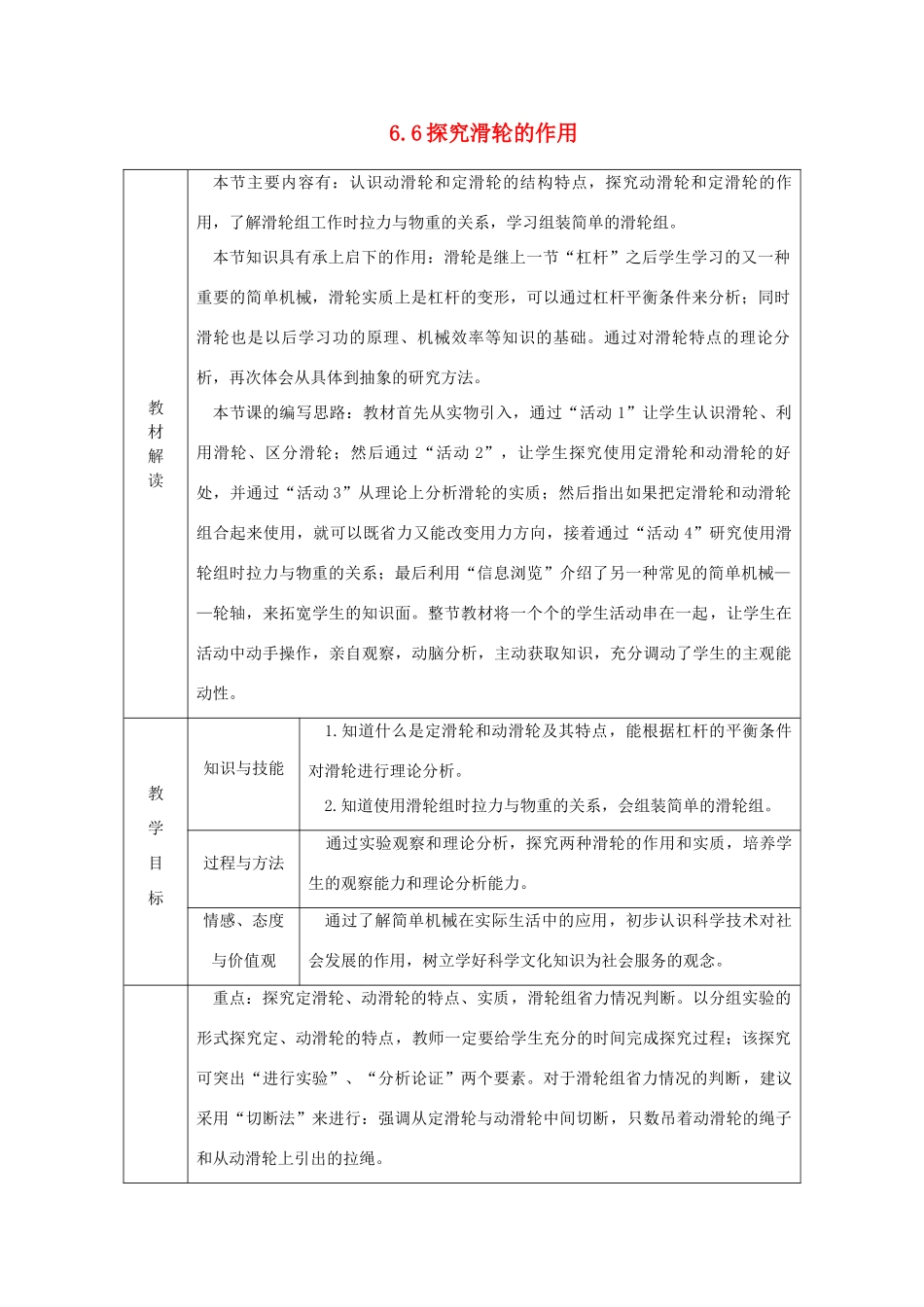 八年级物理下册 6.6探究滑轮的作用导学设计 （新版）粤教沪版-（新版）粤教沪版初中八年级下册物理学案_第1页