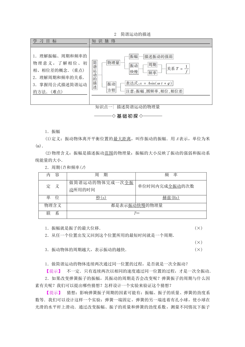 高中物理 主题2 机械振动与机械波 2 简谐运动的描述学案 新人教版必修第一册-新人教版高二第一册物理学案_第1页