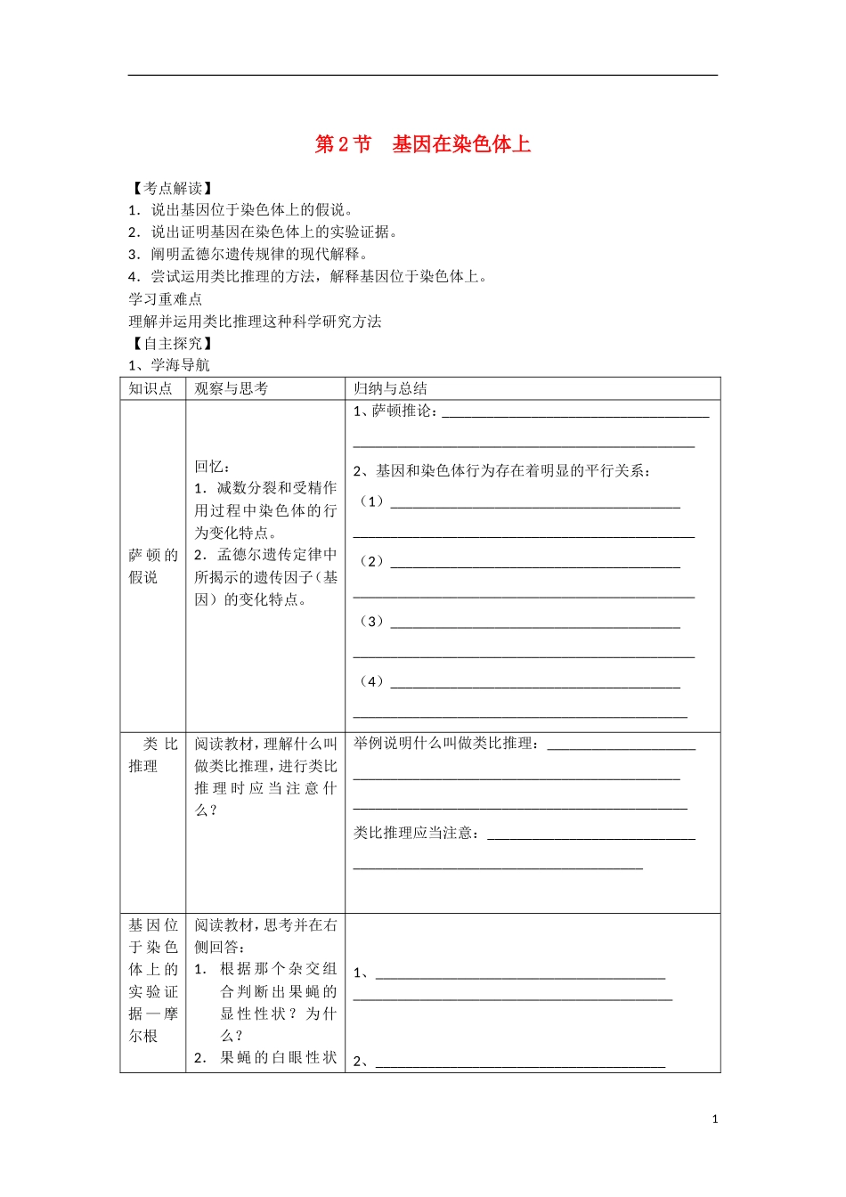 高中生物《基因在染色体上》学案2 新人教版必修2_第1页