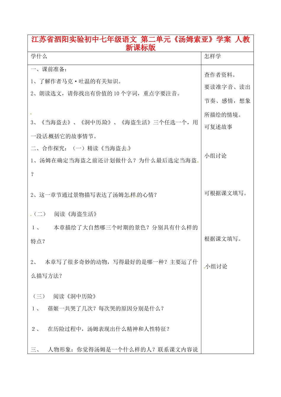 江苏省泗阳实验初中七年级语文 第二单元《汤姆索亚》学案 人教新课标版_第1页