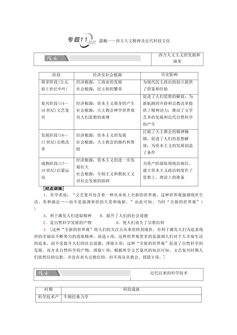 （统考版）高考历史二轮复习 第二篇 考前回扣 巩固保分 第四辑 专题回扣保温 紧扣必备知识 板块3 专题11 滥觞—西方人文精神及近代科技文化学案（含解析）-人教版高三全册历史学案_第1页