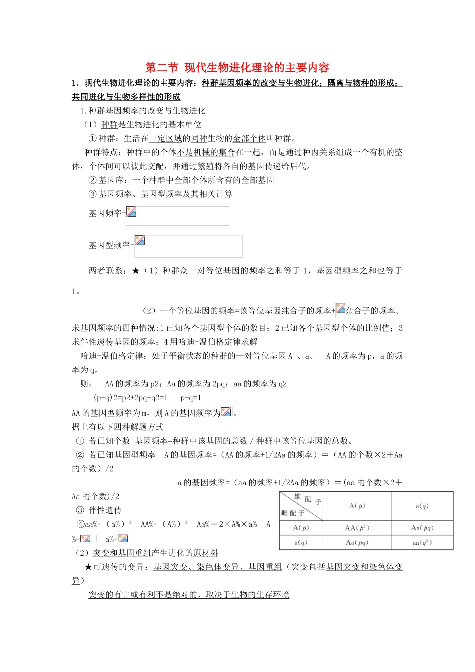 高中生物 第七章 现代生物进化理论 第二节 现代生物进化理论的主要内容知识点总结学案 新人教版必修2-新人教版高一必修2生物学案_第1页