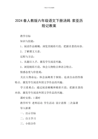 2024春人教版六年级语文下册汤姆.索亚历险记教案