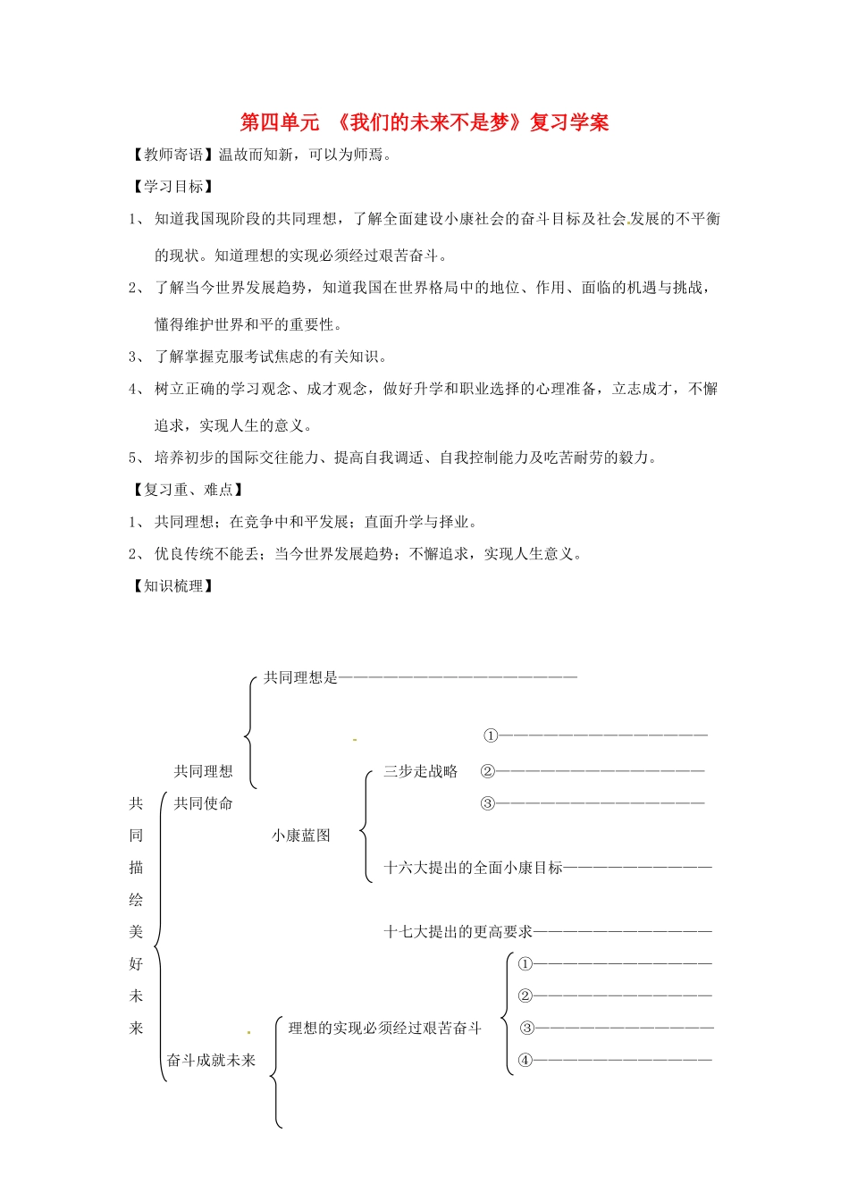 九年级政治第四单元《我们的未来不是梦》复习学案鲁教版_第1页