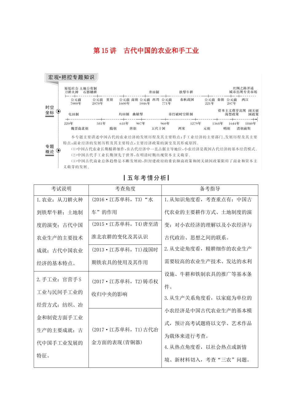 （江苏专版）高考历史一轮复习 专题七 古代中国经济的基本结构与特点 第15讲 古代中国的农业和手工业学案 人民版-人民版高三全册历史学案_第1页