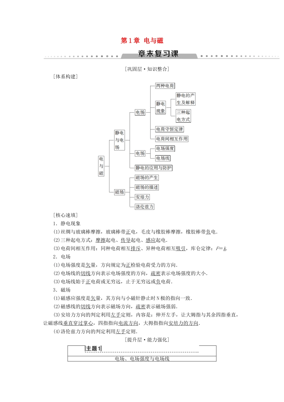 高中物理 第1章 电与磁章末复习课学案 粤教版选修1-1-粤教版高二选修1-1物理学案_第1页