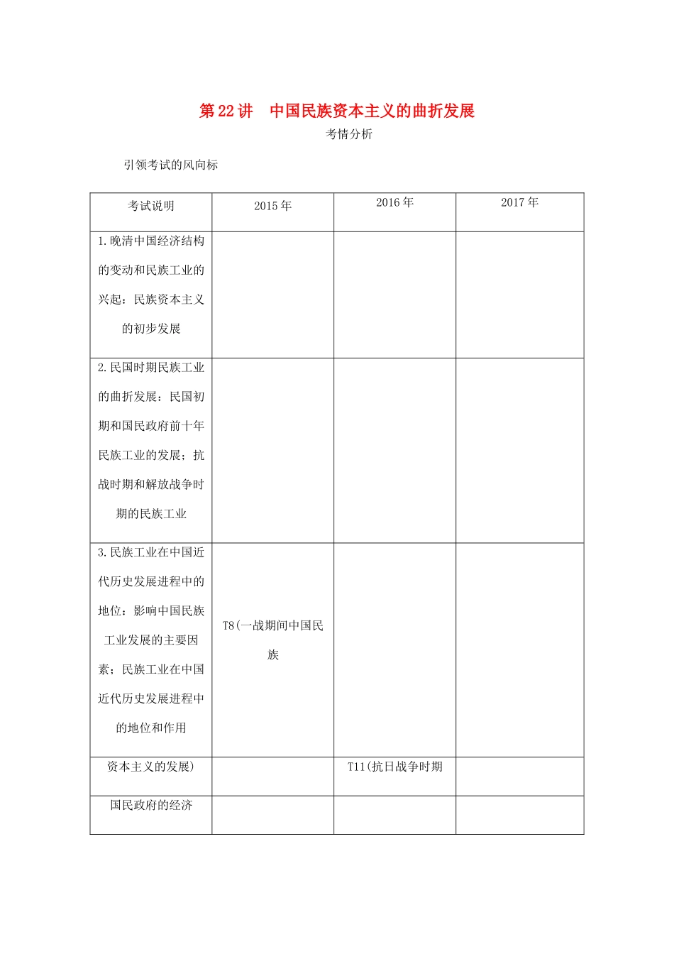 （江苏专版）高考历史总复习 第十单元 近代中国经济结构的变动与资本主义的曲折发展 第22讲 中国民族资本主义的曲折发展学案-人教版高三全册历史学案_第1页