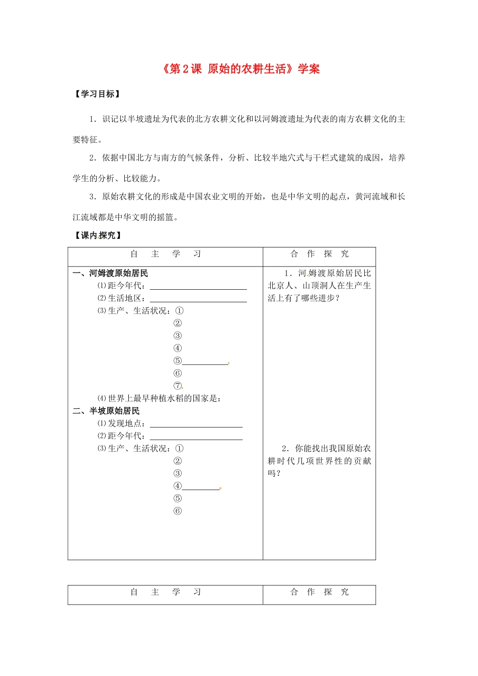 山东省高密市银鹰文昌中学七年级历史上册《第2课 原始的农耕生活》学案 新人教版_第1页
