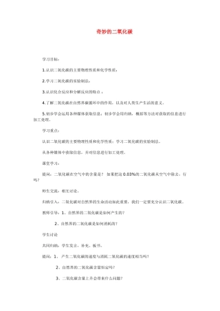 九年级化学上册 2.2 奇妙的二氧化碳学案（无答案） （新版）沪教版