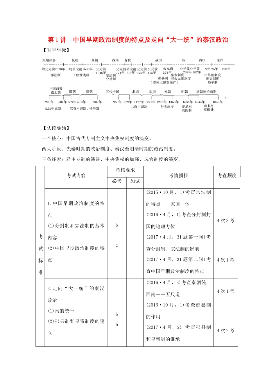 （浙江专版）高考历史大一轮复习 专题一 古代中国的政治制度 第1讲 中国早期政治制度的特点及走向“大一统”的秦汉政治学案-人教版高三全册历史学案_第1页