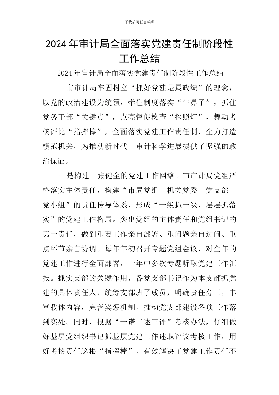 2024年审计局全面落实党建责任制阶段性工作总结_第1页