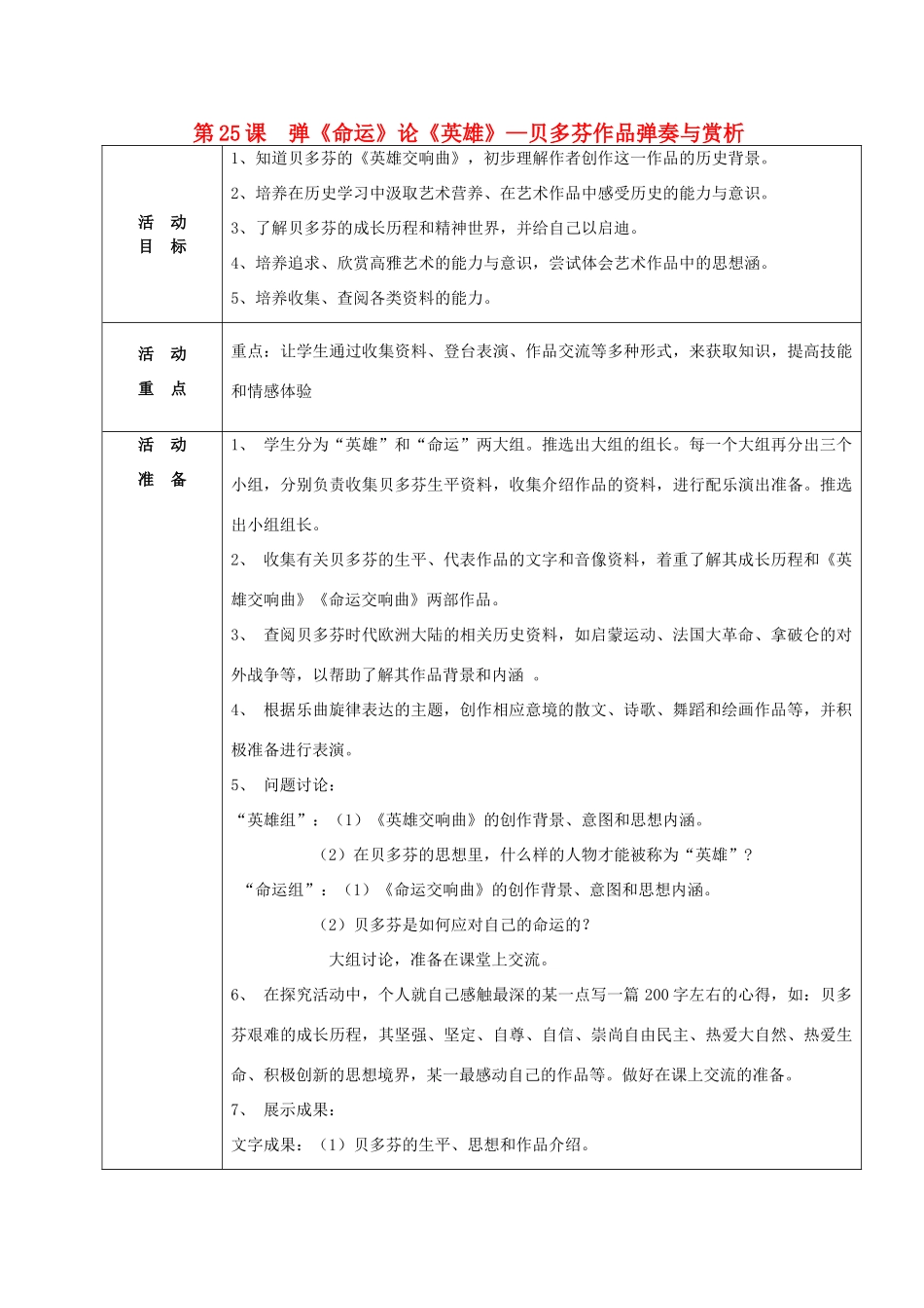 九年级历史上册 第25课 弹《命运》论《英雄》――学习与探究之四导学案 北师大版-北师大版初中九年级上册历史学案_第1页