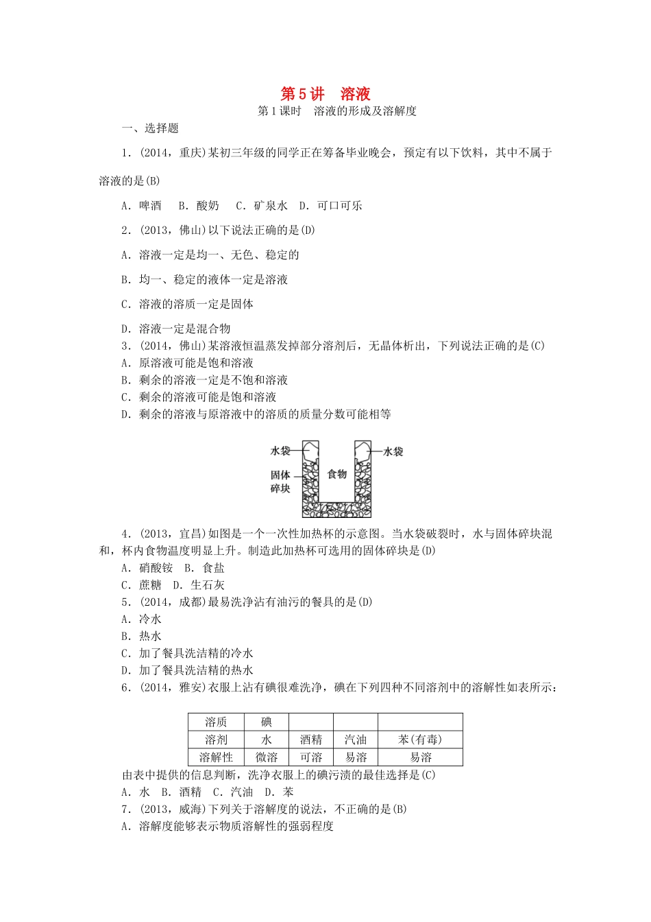 【聚焦中考】陕西省2015中考化学总复习 第一轮课时训练 第5讲 溶液_第1页