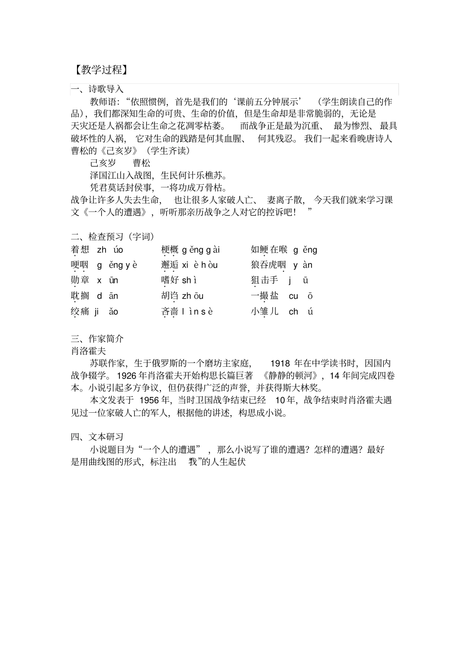 一个人的遭遇教学设计概要_第2页