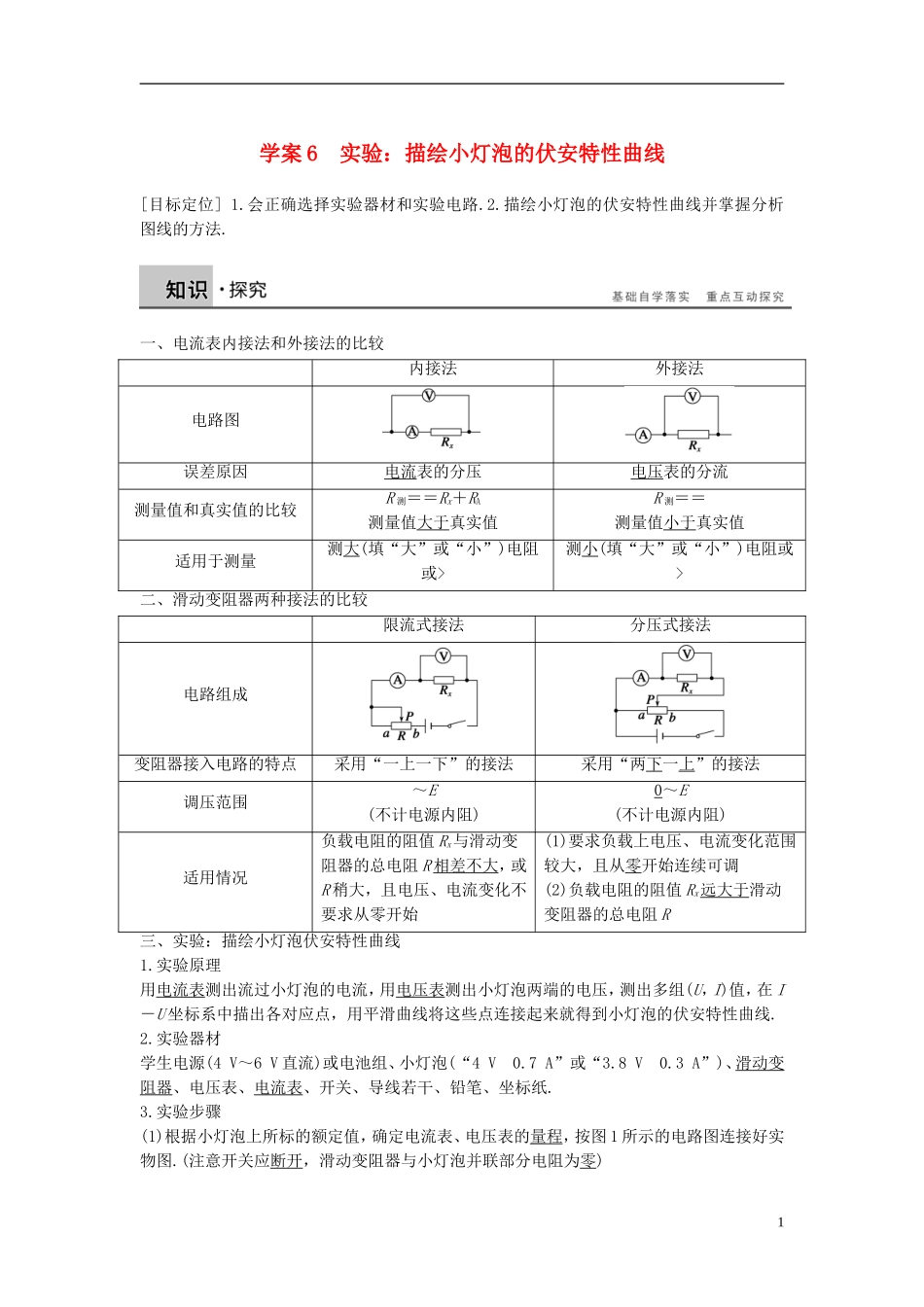 高中物理 第3章 从电表电路到集成电路 6 实验 描绘小灯泡的伏安特性曲线导学案 沪科版选修3-1-沪科版高二选修3-1物理学案_第1页