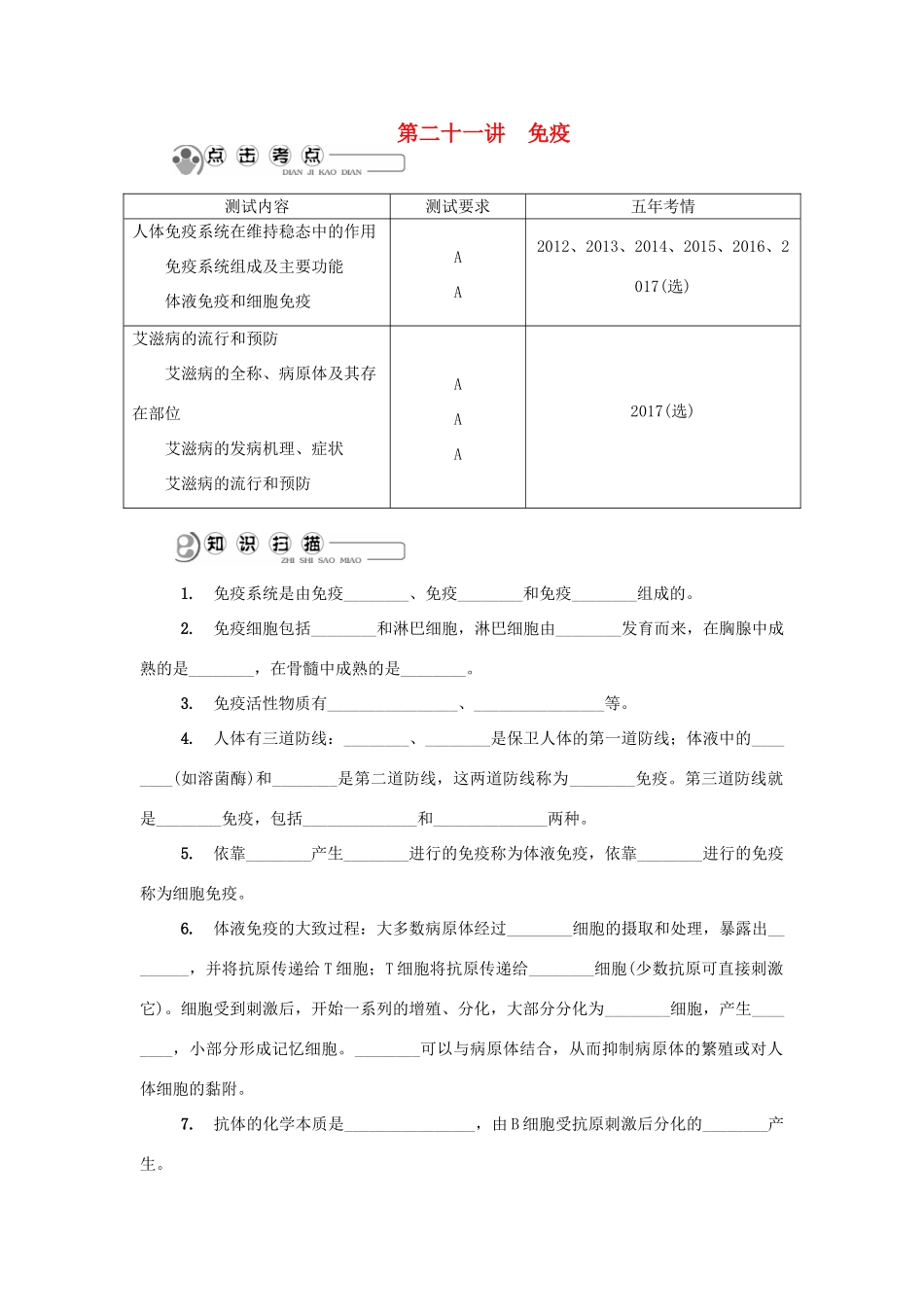 高中生物 第二十一讲 免疫学案 苏教版必修3-苏教版高二必修3生物学案_第1页