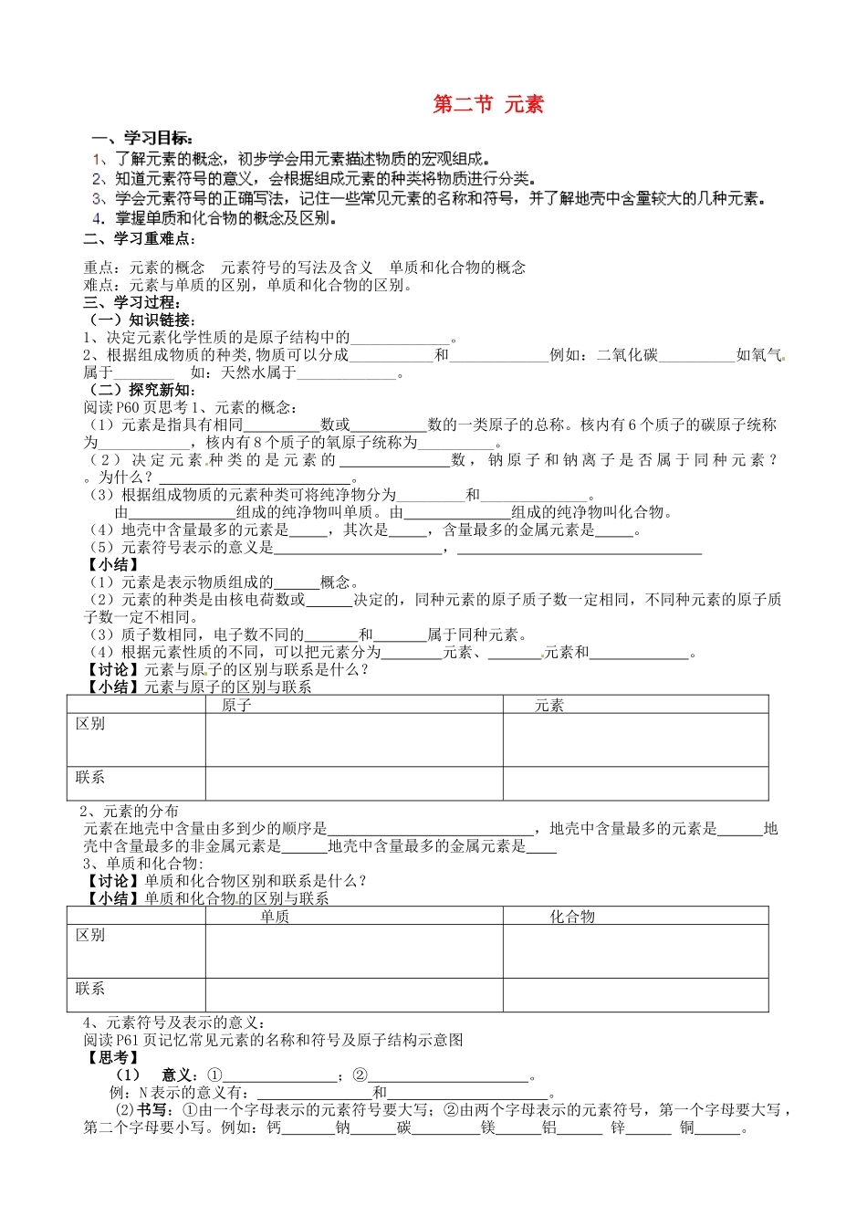 山东省乳山市西苑学校八年级化学全册 2.4 元素学案1（无答案） 鲁教版五四制_第1页