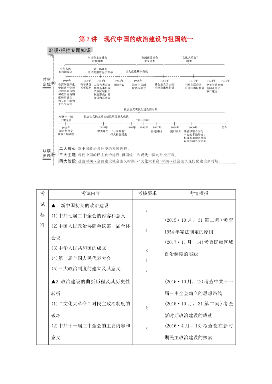 （浙江选考）高考历史一轮复习 专题三 第7讲 现代中国的政治建设与祖国统一学案-人教版高三全册历史学案_第1页