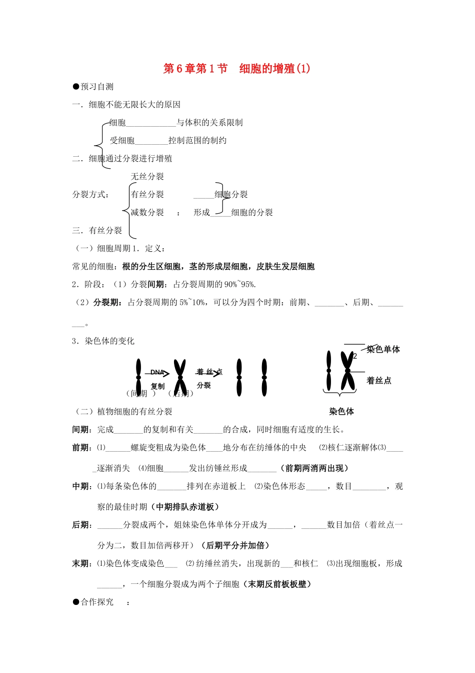 高中生物 第六章 细胞的生命历程 6.1 细胞的增殖（1）学案 新人教版必修1-新人教版高一必修1生物学案_第1页