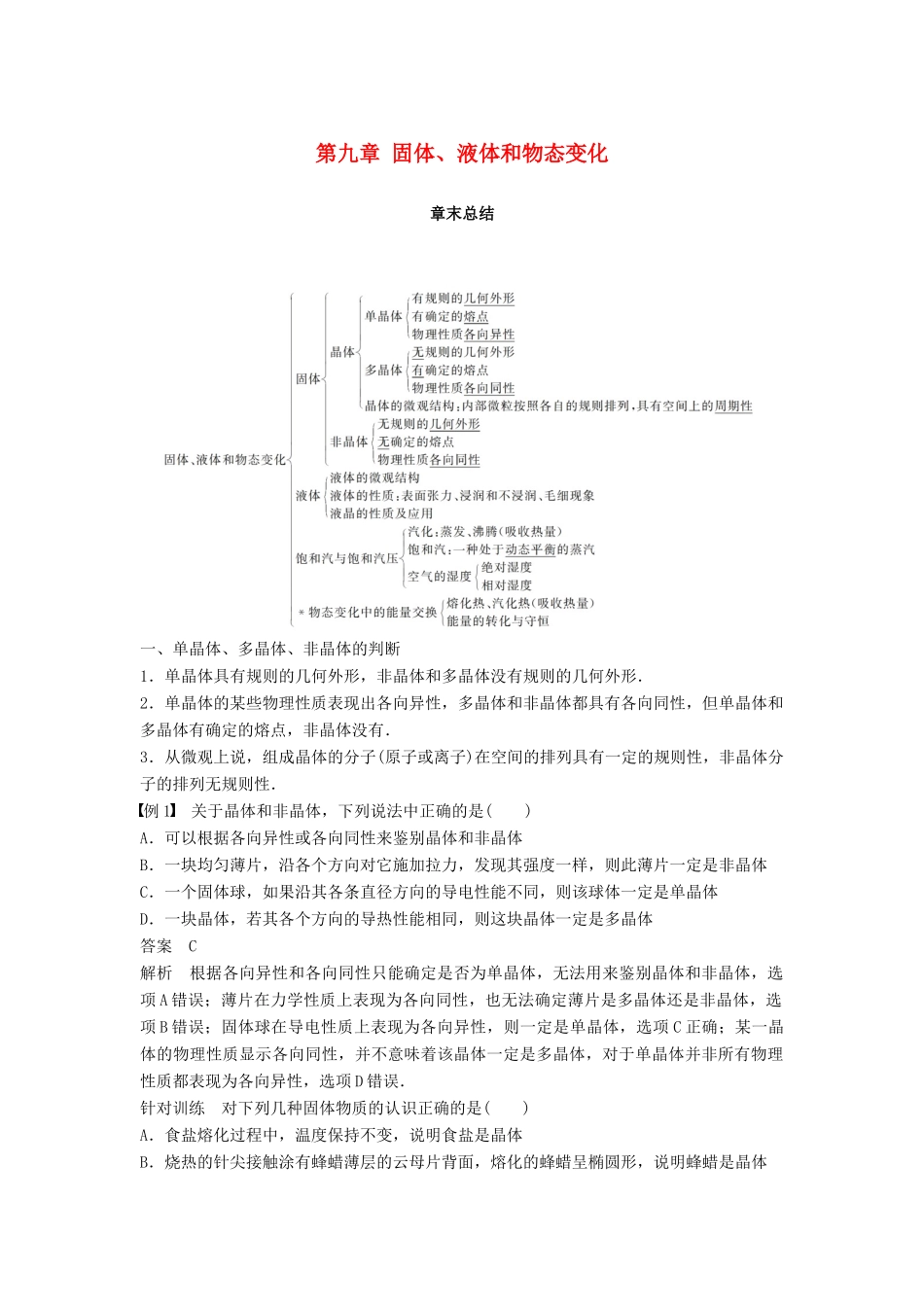 高中物理 第九章 固体、液体和物态变化章末总结学案 新人教版选修3-3-新人教版高二选修3-3物理学案_第1页