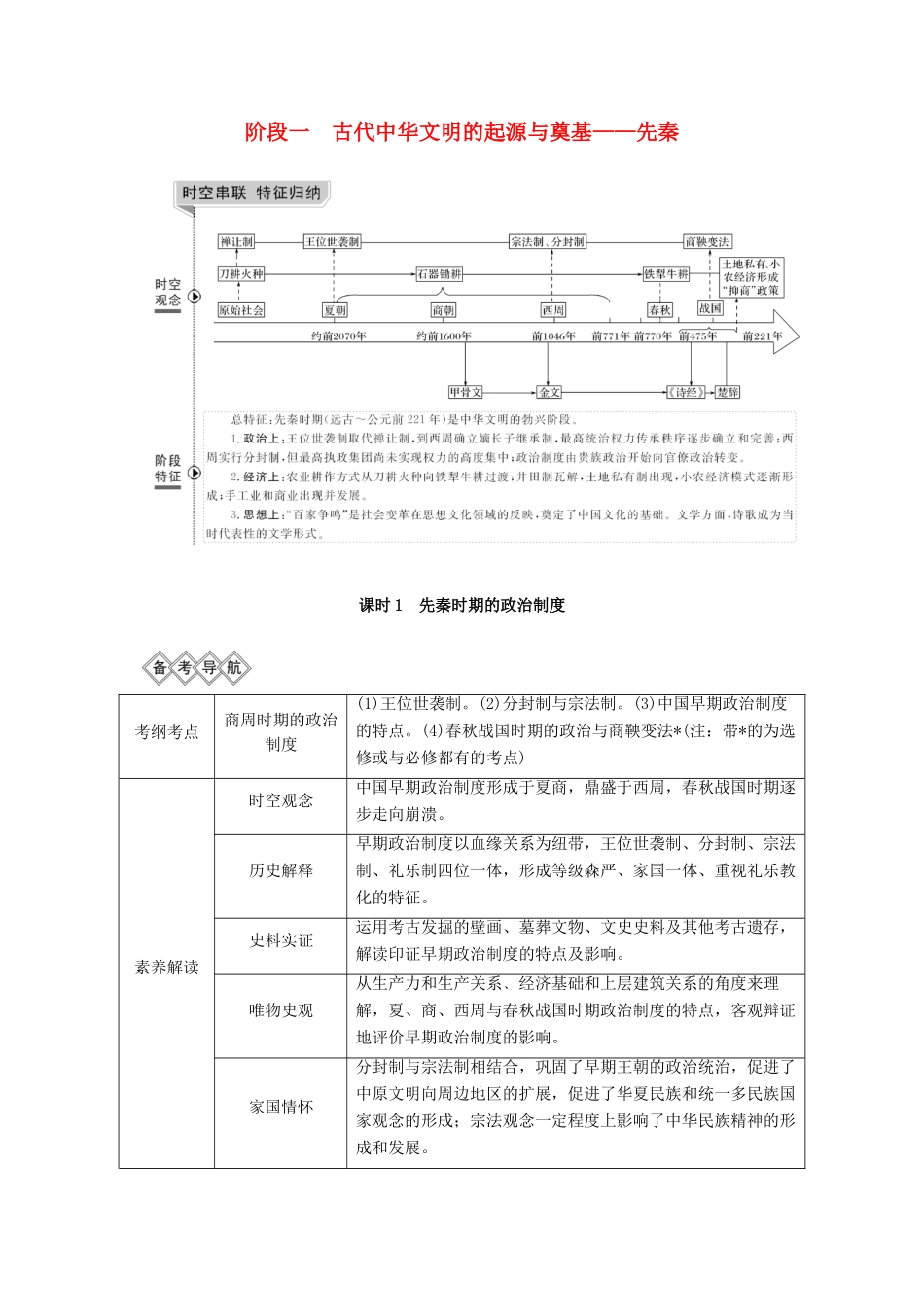 （通史版）高考历史一轮复习 阶段一 古代中华文明的起源与奠基——先秦 课时1 先秦时期的政治制度学案（含解析）岳麓版-岳麓版高三全册历史学案_第1页