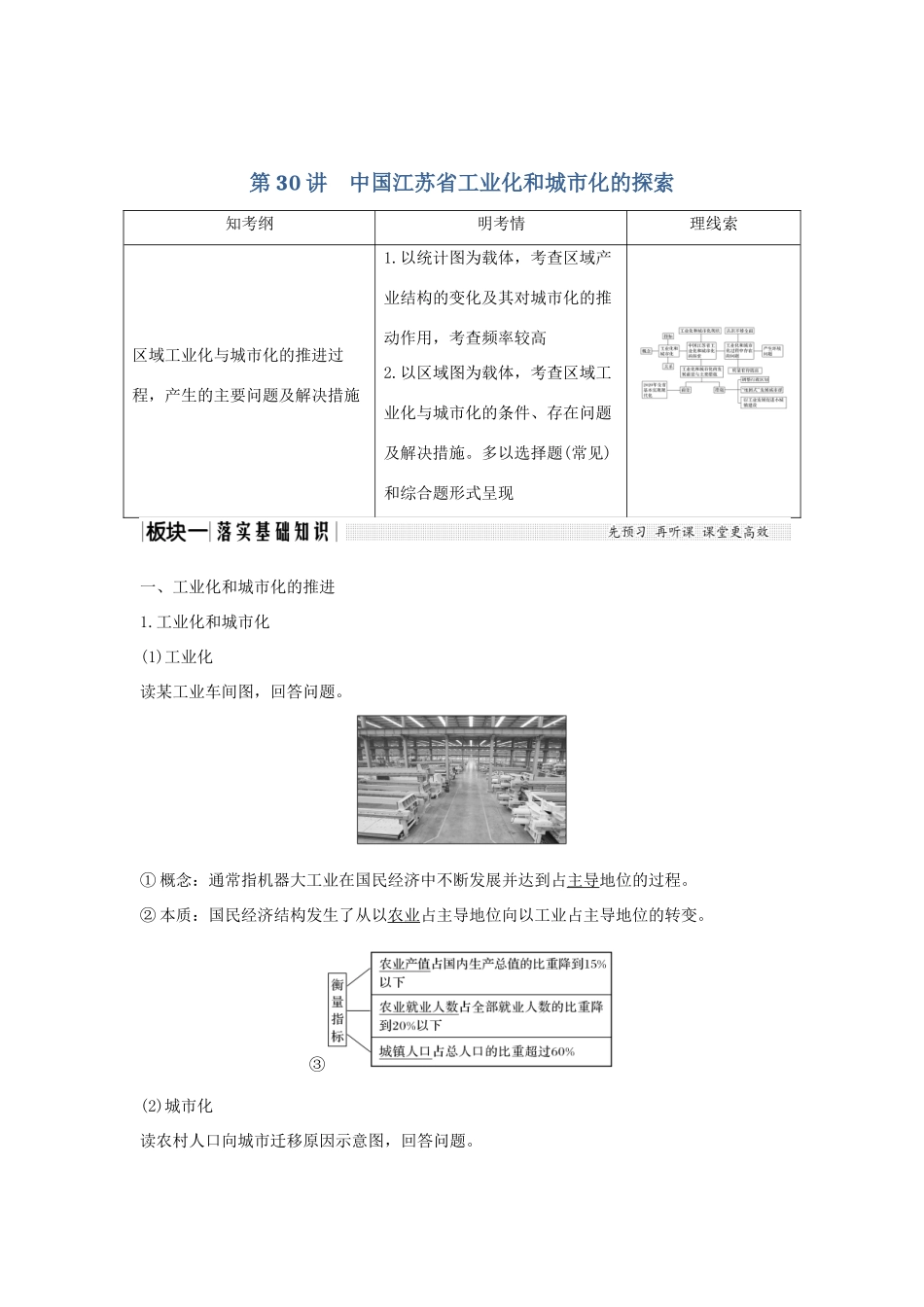 高考地理大一轮复习 第十单元 区域可持续发展 第30讲 中国江苏省工业化和城市化的探索学案 中图版-中图版高三全册地理学案_第1页