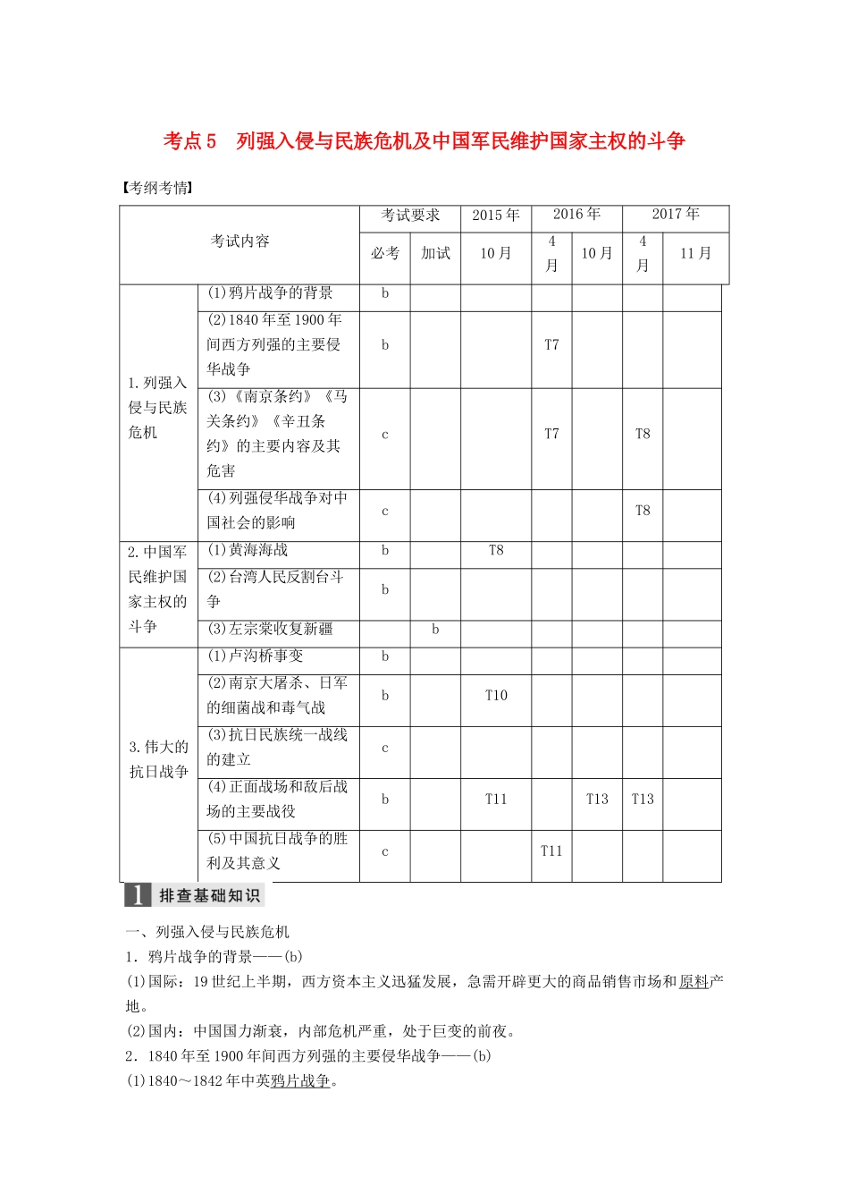 （浙江选考）高考历史一轮总复习 专题二 近代中国维护国家主权的斗争 考点5 列强入侵与民族危机及中国军民维护国家主权的斗争学案-人教版高三全册历史学案_第1页