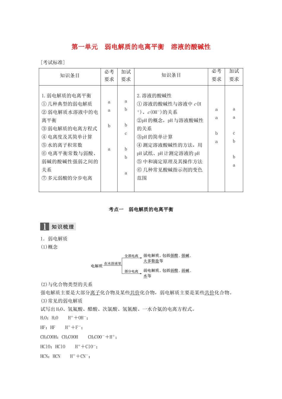 （浙江选考）高考化学大一轮复习 专题9 溶液中的离子反应 第一单元 弱电解质的电离平衡 溶液的酸碱性学案-人教版高三全册化学学案_第1页