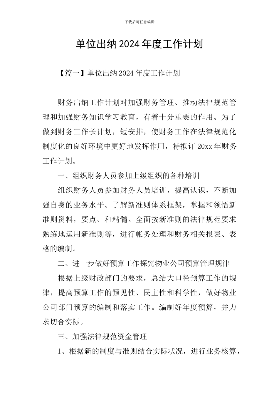 单位出纳2024年度工作计划_第1页
