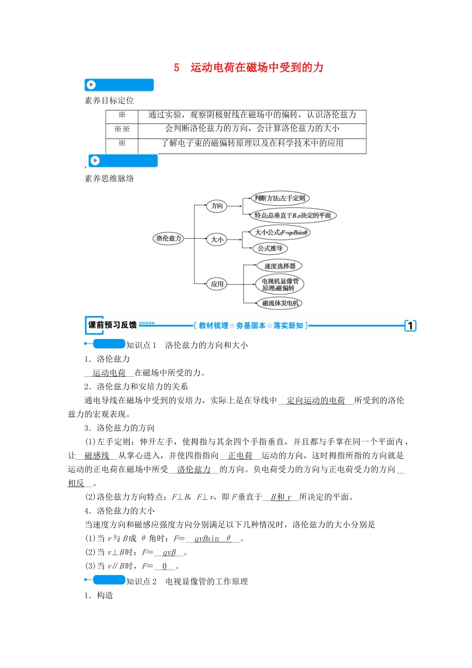 高中物理 第三章 磁场 5 运动电荷在磁场中受到的力学案 新人教版选修3-1-新人教版高中选修3-1物理学案_第1页