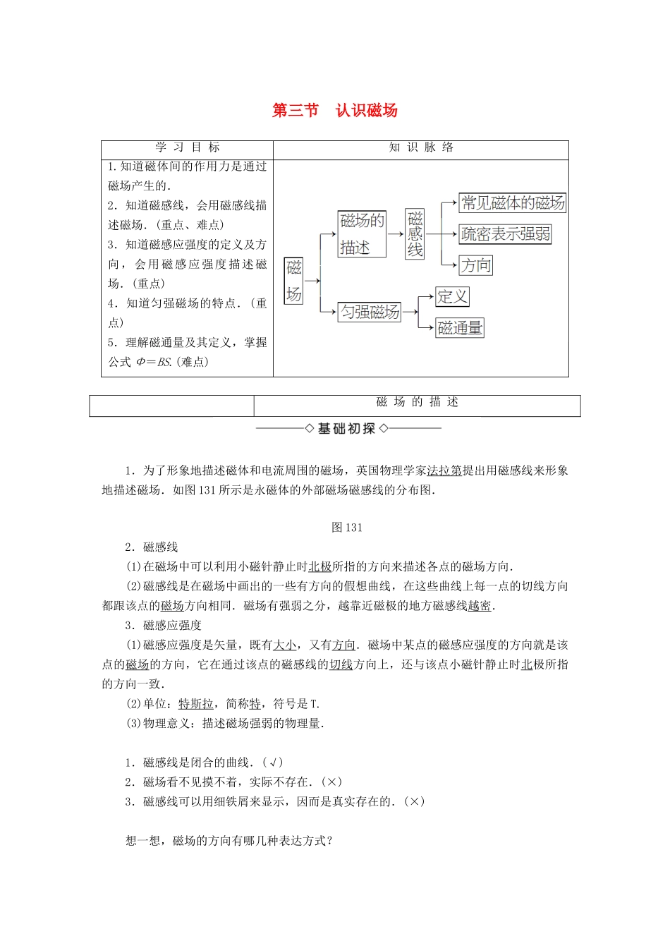 高中物理 第1章 电与磁 第3节 认识磁场学案 粤教版选修1-1-粤教版高二选修1-1物理学案_第1页