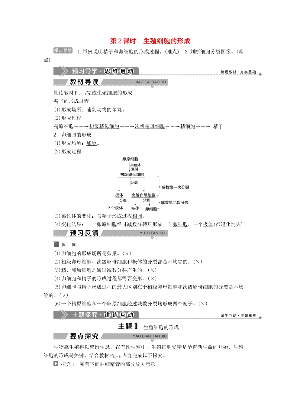 高中生物 第二章 减数分裂和有性生殖 第一节 减数分裂 第2课时 生殖细胞的形成学案 苏教版必修2-苏教版高一必修2生物学案_第1页
