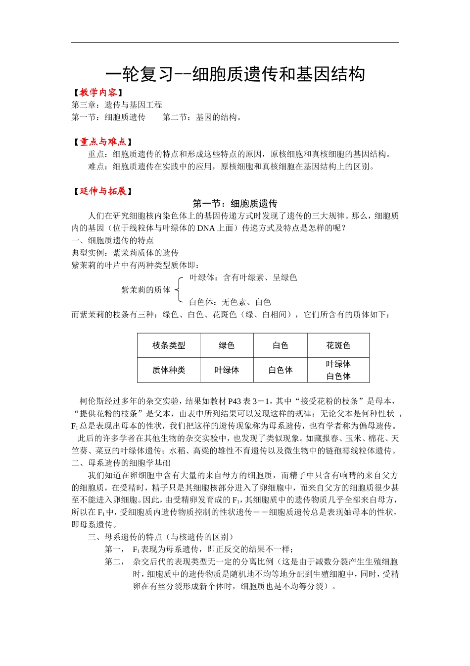 高中生物细胞质遗传和基因结构复习学案_第1页