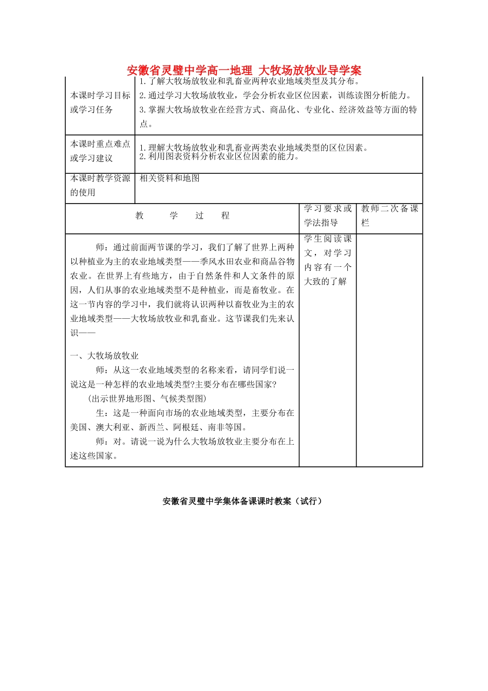 安徽省灵璧中学高一地理 大牧场放牧业导学案_第1页