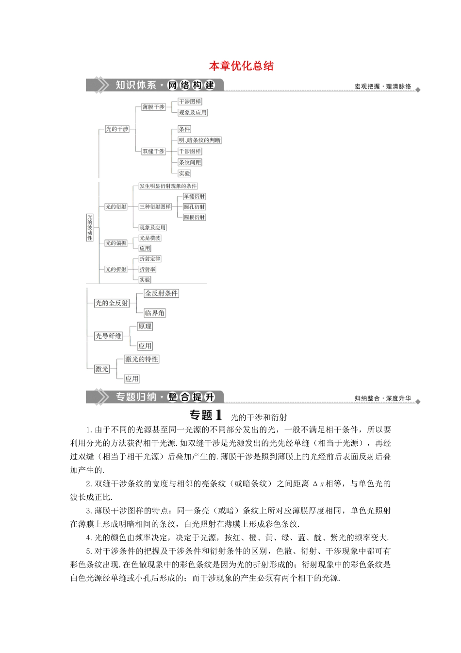 高中物理 第4章 光的波动性 本章优化总结学案 沪科版选修3-4-沪科版高二选修3-4物理学案_第1页