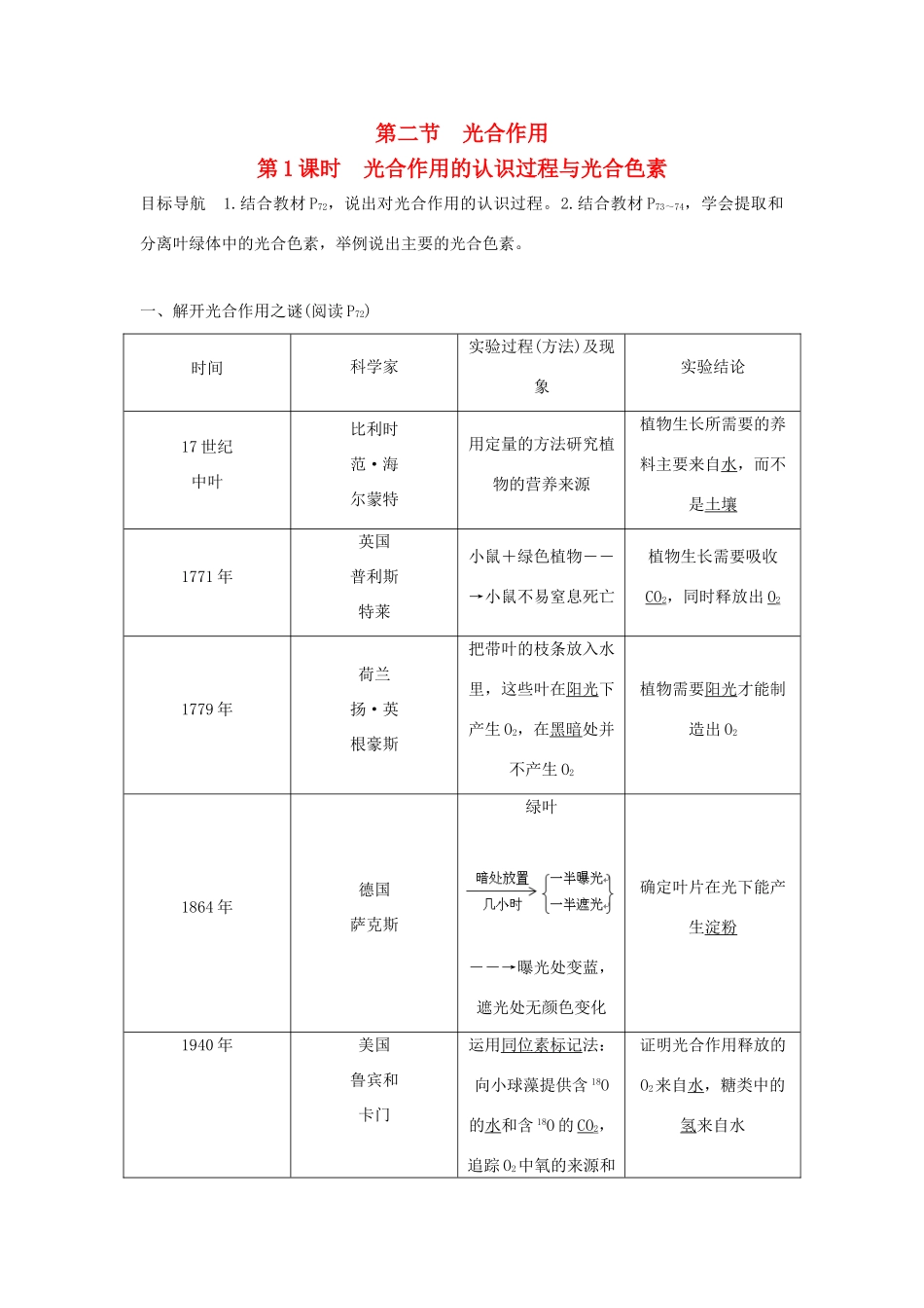 高中生物 第四章 光合作用和细胞呼吸 4.2.1 光合作用的认识过程与光合色素学案 新人教版必修1-新人教版高一必修1生物学案_第1页