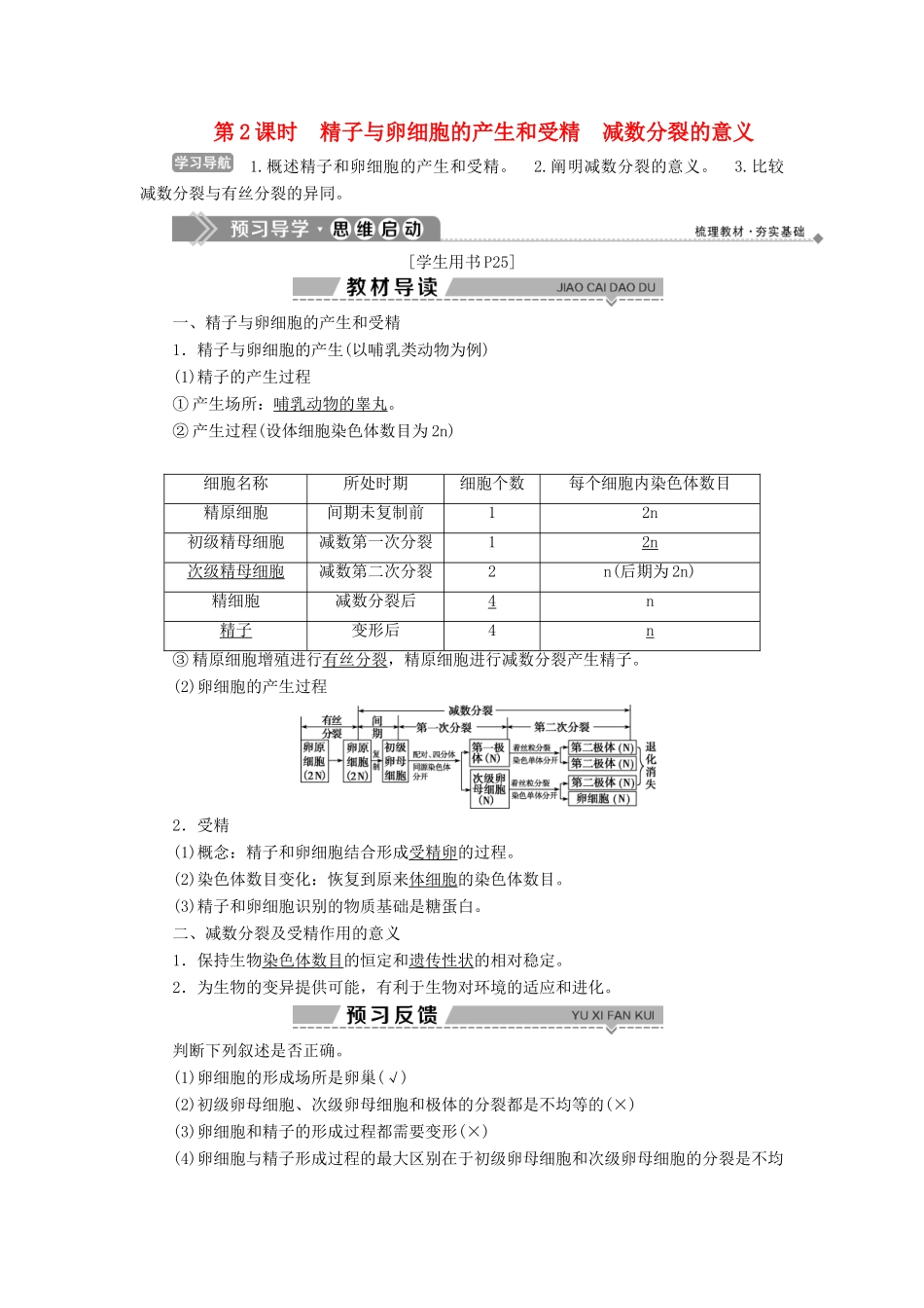 高中生物 第二章 染色体与遗传 第一节 减数分裂中的染色体行为 第2课时 精子与卵细胞的产生和受精 减数分裂的意义学案 浙科版必修2-浙科版高一必修2生物学案_第1页