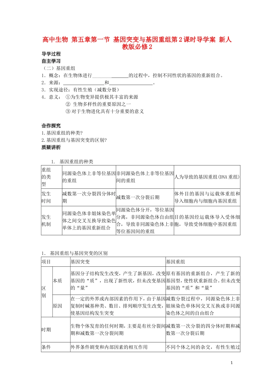 高中生物 第五章第一节 基因突变与基因重组第2课时导学案 新人教版必修2_第1页