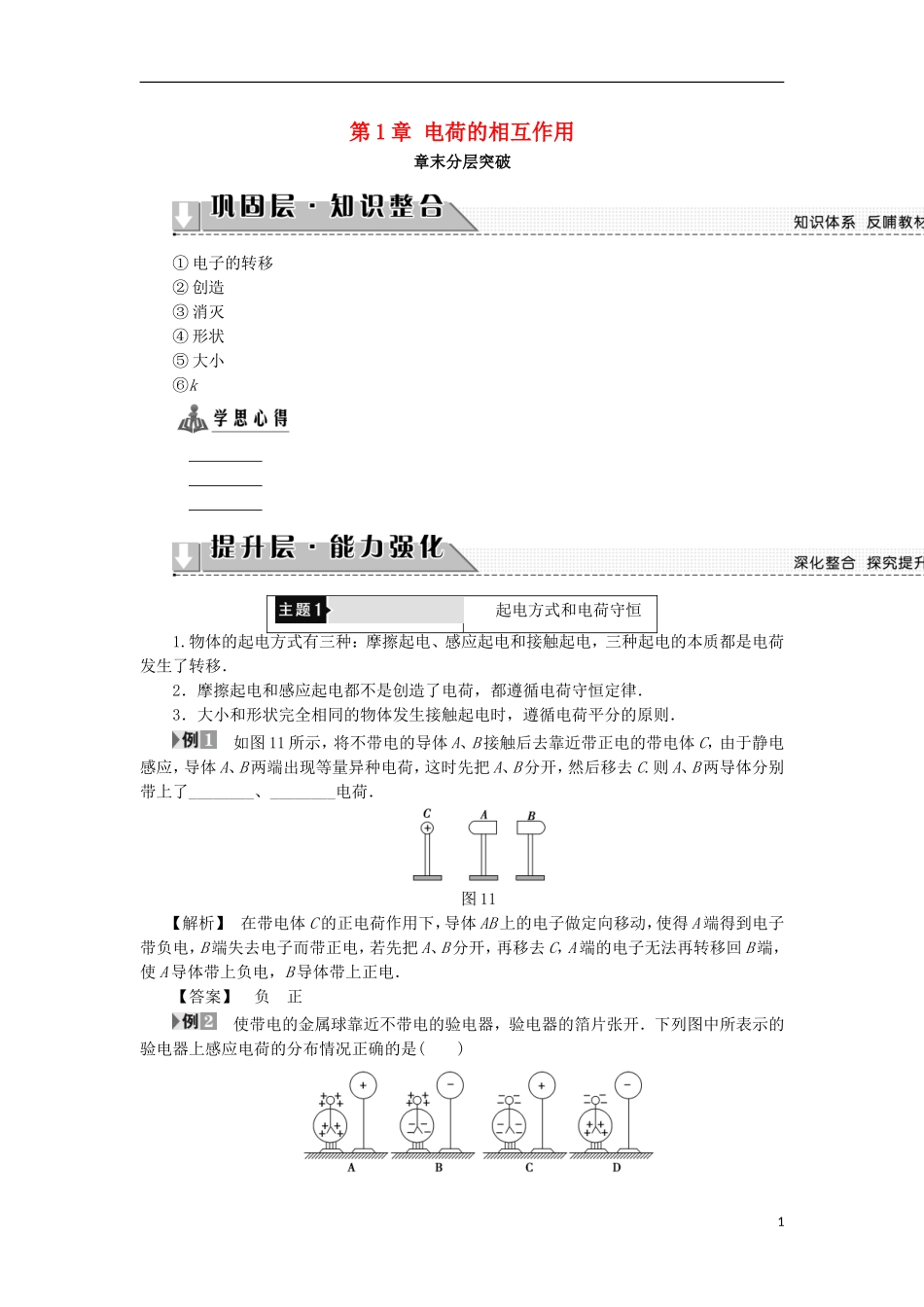 高中物理 第1章 电荷的相互作用章末分层突破学案 沪科版选修3-1-沪科版高二选修3-1物理学案_第1页