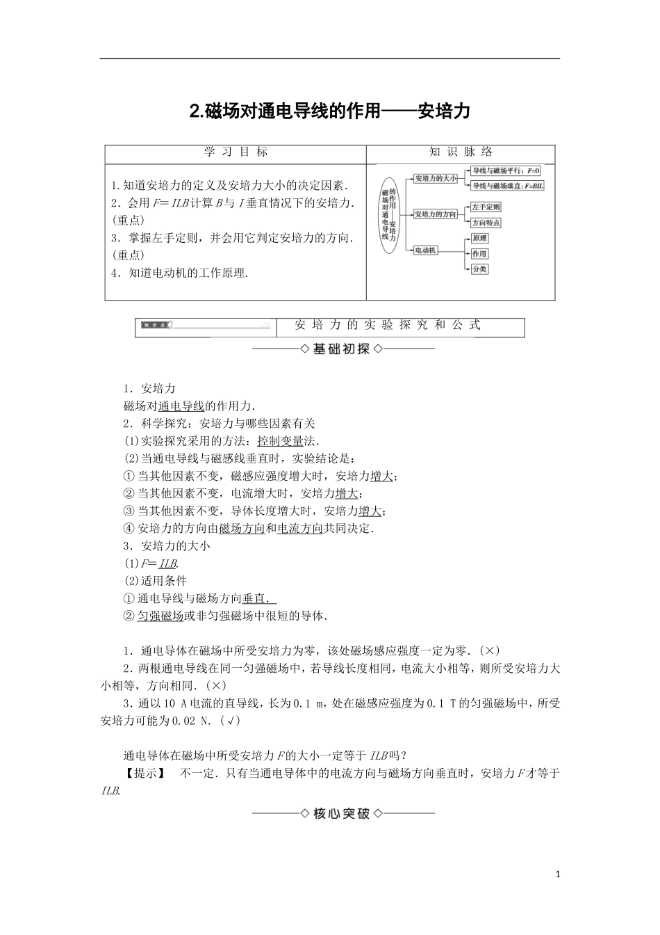 高中物理 第三章 磁场 2 磁场对通电导线的作用—安培力学案 教科版选修3-1-教科版高二选修3-1物理学案_第1页