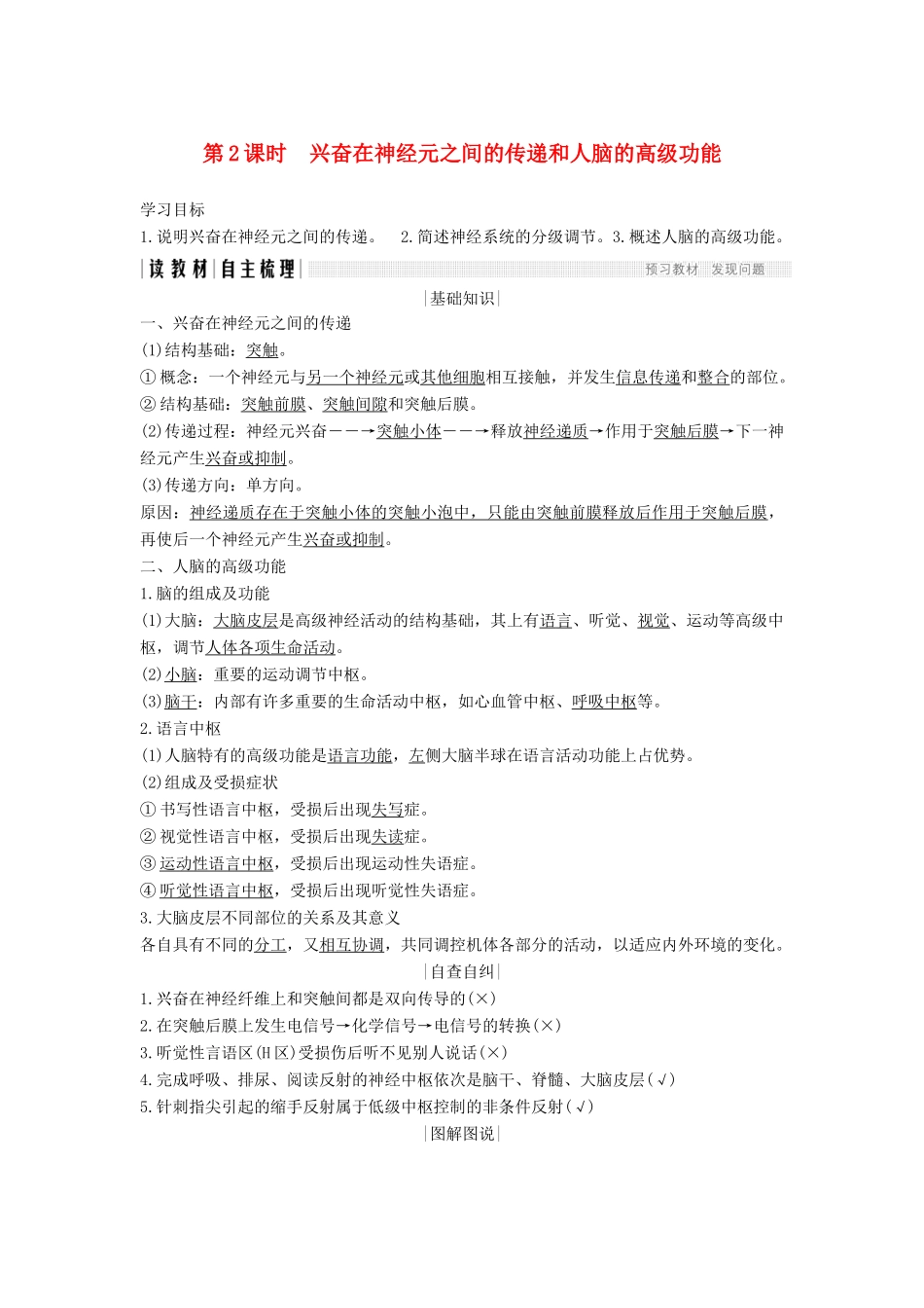 高中生物 第二章 生物的个体稳态 第二节 第2课 兴奋在神经元之间的传递和人脑的高级功能学案 苏教版必修3-苏教版高一必修3生物学案_第1页