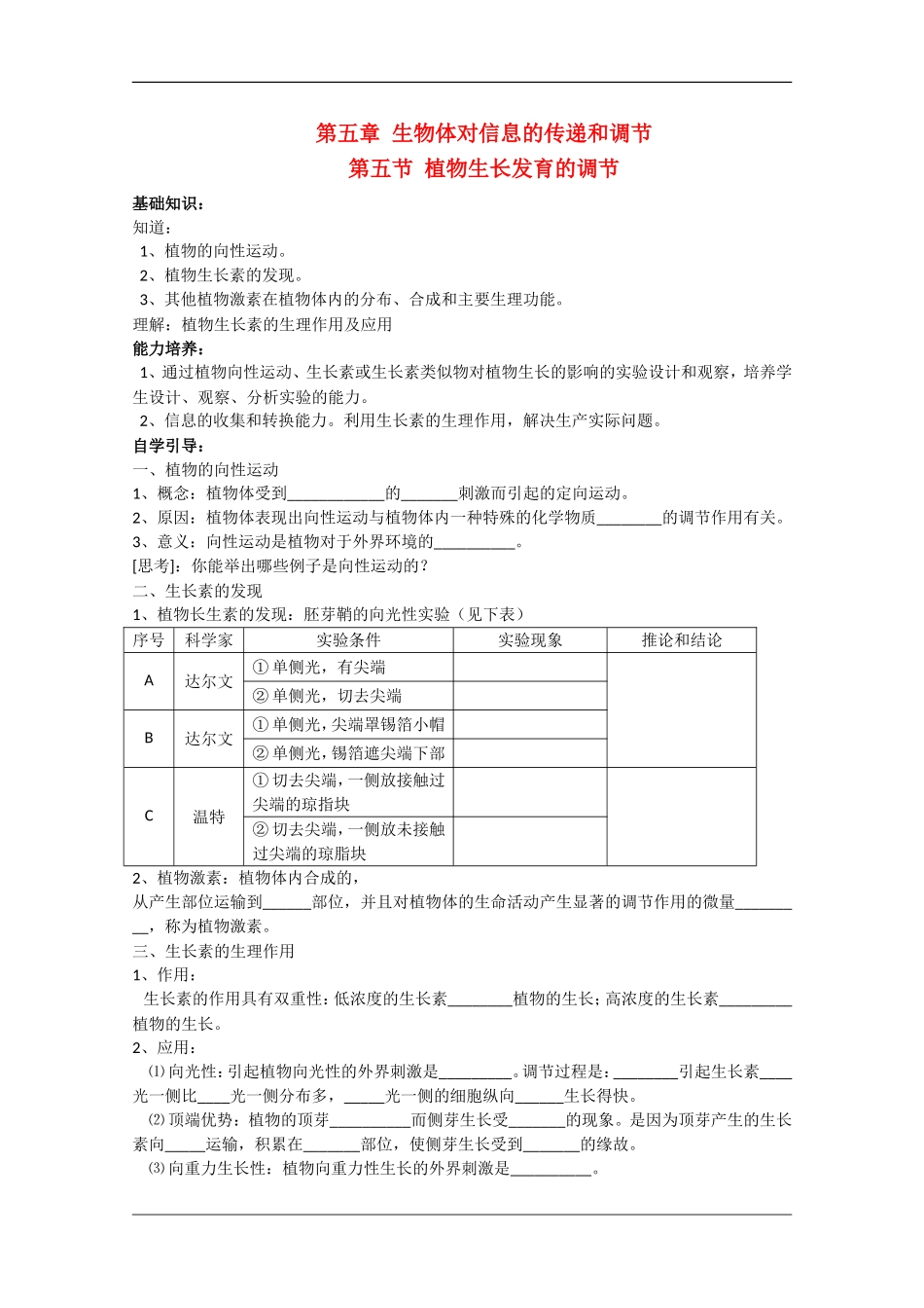 高中生物：5.5 植物生长发育的调节 学案（1）沪科版_第1页