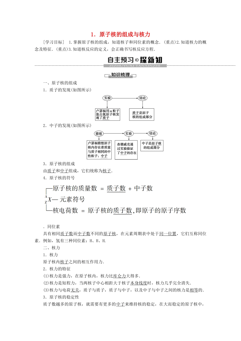高中物理 第3章 1 原子核的组成与核力学案 教科版选修3-5-教科版高二选修3-5物理学案_第1页