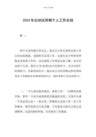 2024年出纳试用期个人工作总结